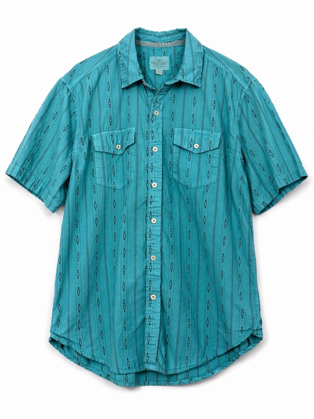 True Grit Teal Short-Sleeve Button Down Shirt Men’s Medium Western Aztec Print
